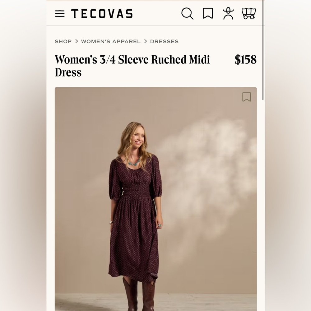 Tecovas Women's Burgundy 3/4 Sleeve Midi Dress
